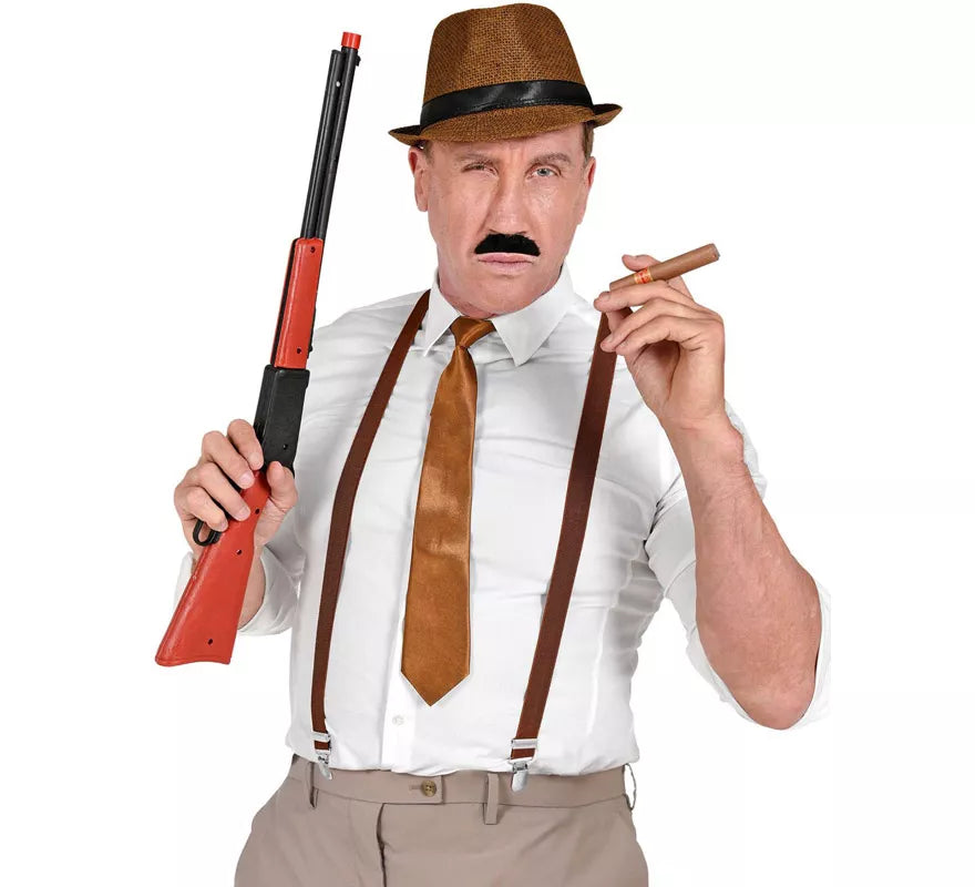 Kit de Gánster Marrón: Sombrero, Tirantes, Corbata, Bigote y Tabaco