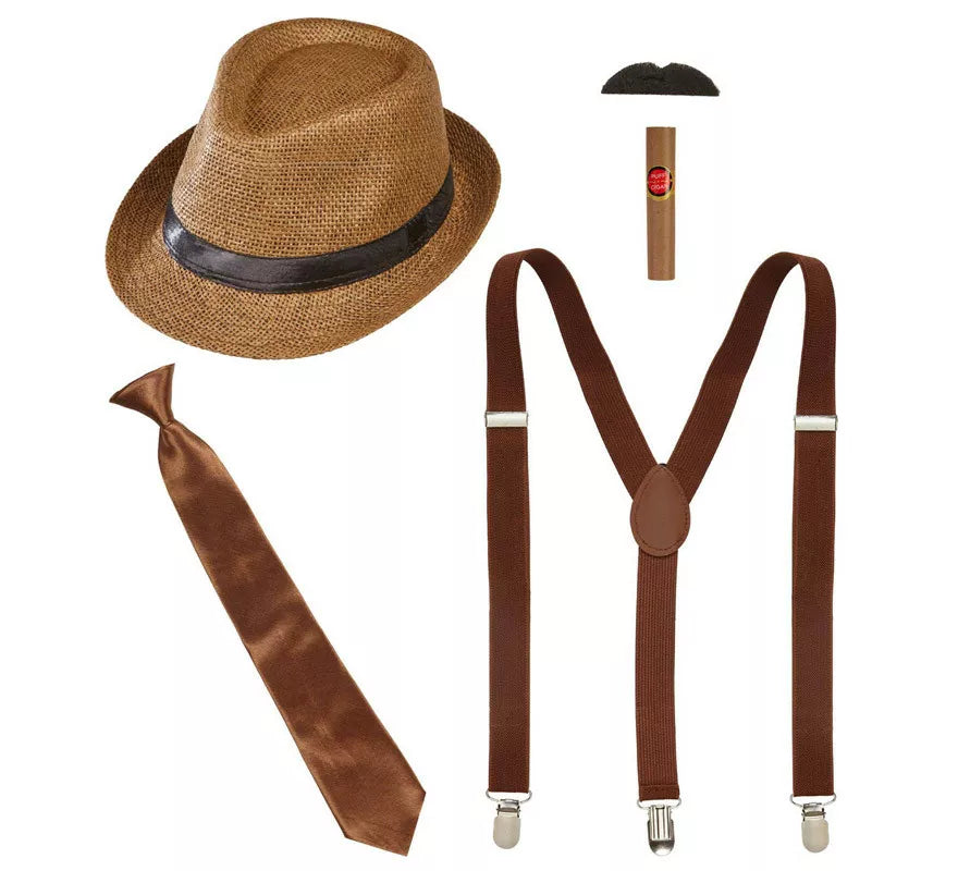 Translation missing: it.Kit de Gánster Marrón: Sombrero, Tirantes, Corbata, Bigote y Tabaco