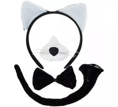 Kit Gatto Bianco e Nero: Cerchietto, Naso, Papillon e Coda
