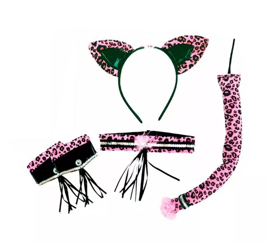 Translation missing: it.Kit de Leopardo negro y fucsia adulto: Diadema, Collar, Muñequeras y Cola