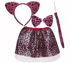 Kit Leopardo Rosa per bambini: fascia per capelli, fiocco, coda e gonna