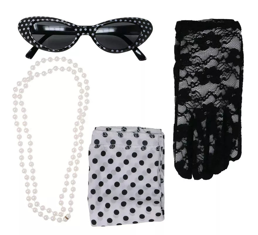 Kit de los Años 50: Cinta, Gafas, Collar y Guantes