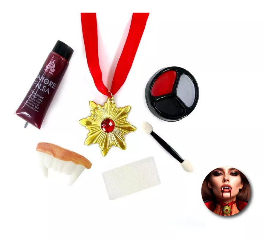 Translation missing: es.Kit de Maquillaje Vampiro: Paleta, collar, tubo de sangre, dentadura, esponja y brocha