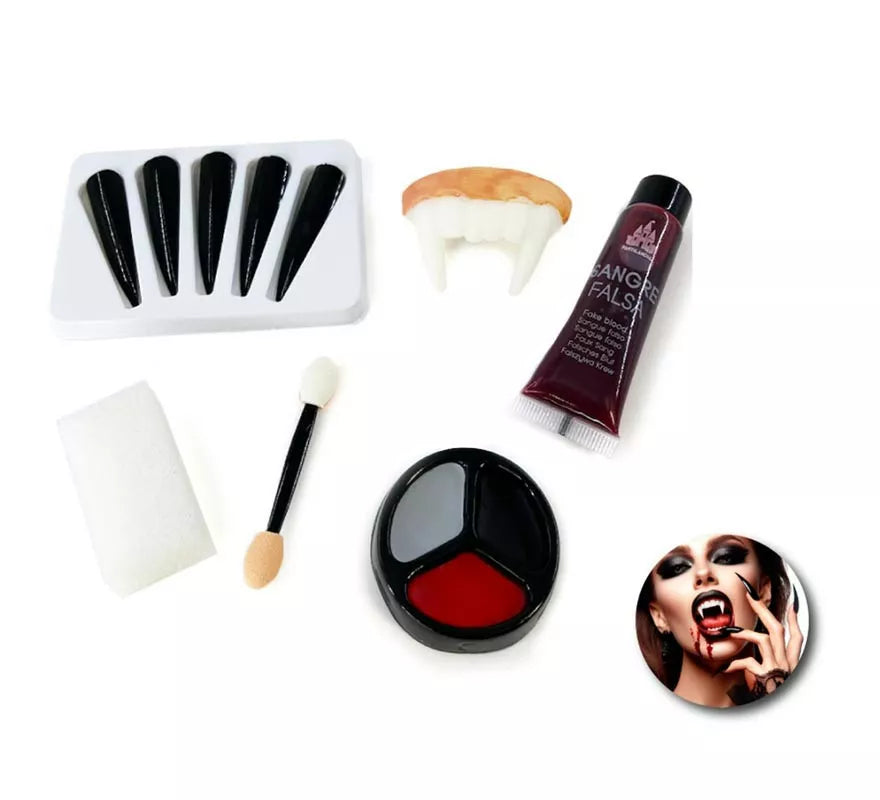 Translation missing: es.Kit de Maquillaje Vampiro: Uñas, dentadura, tubo de sangre, esponja, brocha y paleta