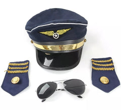 Kit pilota aereo: berretto, occhiali e stemmi sulle spalle