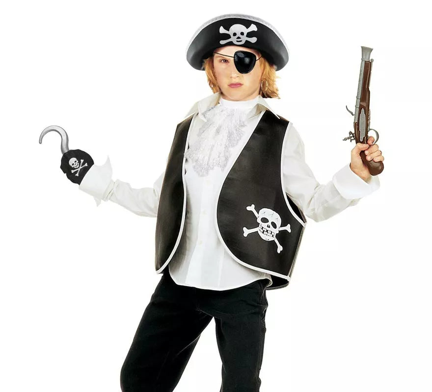 Translation missing: it.Kit de Pirata Calavera infantil: Chaleco, Sombrero, Parche, Pendiente y Gancho