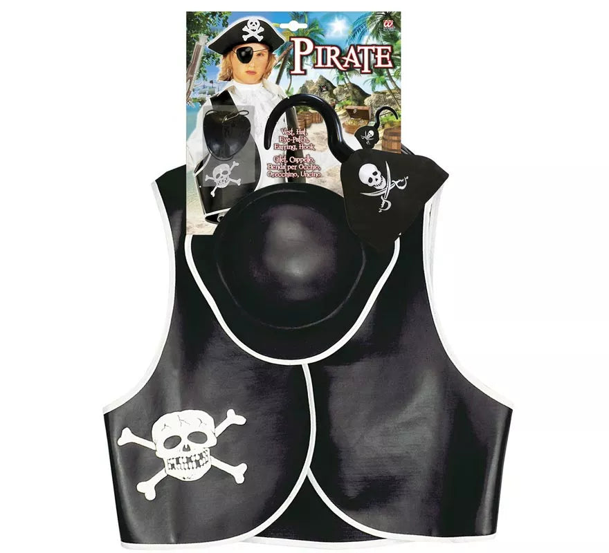 Translation missing: it.Kit de Pirata Calavera infantil: Chaleco, Sombrero, Parche, Pendiente y Gancho