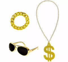 Kit da rapper o sceicco arabo: occhiali, collana da un dollaro e braccialetto