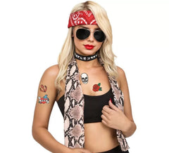 Kit rocker anni '80 : sciarpa, occhiali, collana e tatuaggi