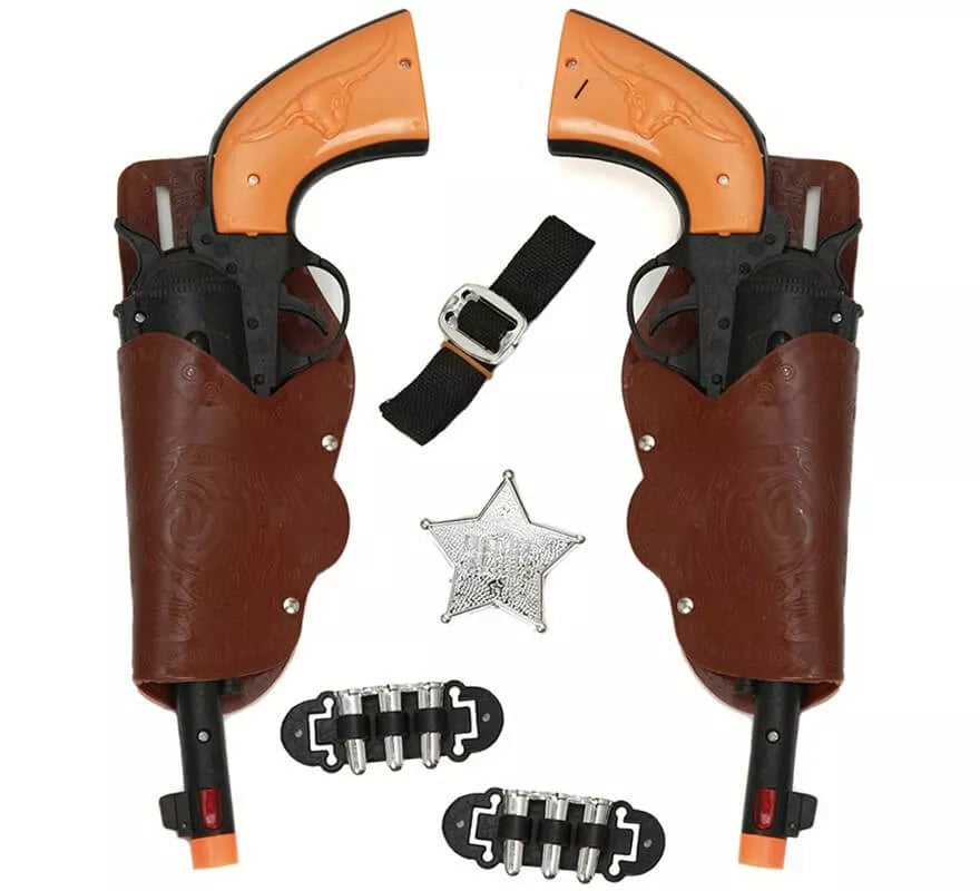 Translation missing: it.Kit de Sheriff: 2 Pistolas negras, Cartucheras, Cinturón, Balas y Estrella