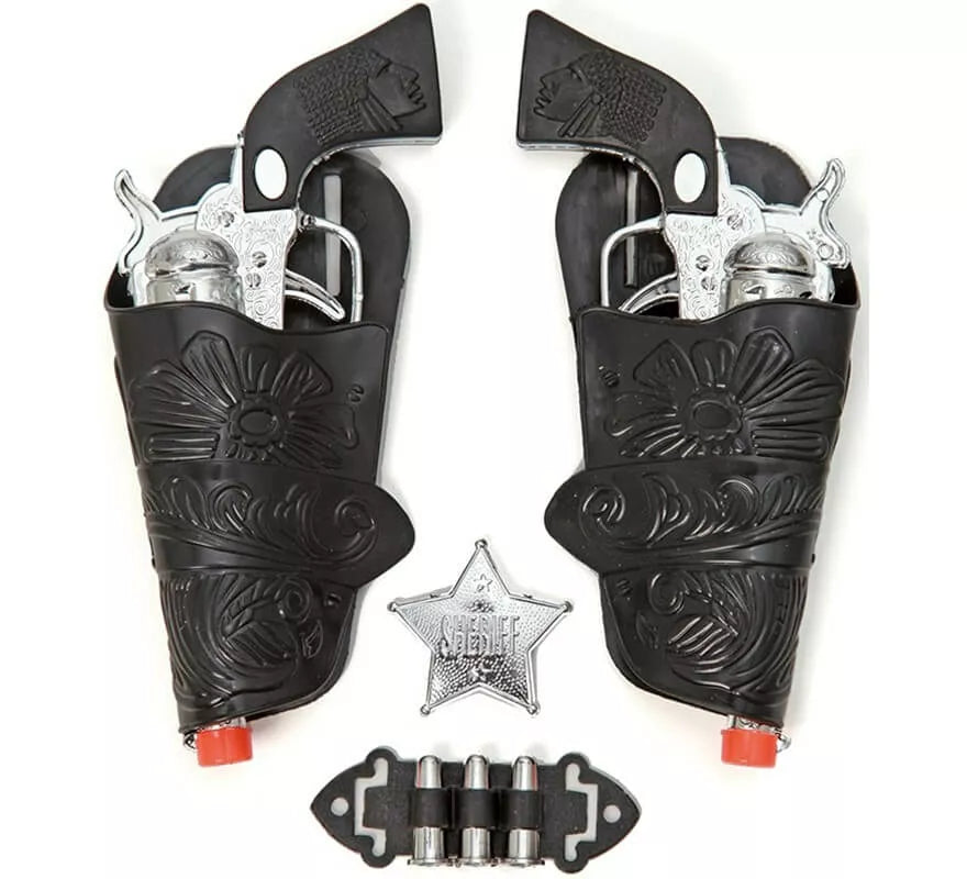 Translation missing: it.Kit de Sheriff: 2 Pistolas plateadas, Cartucheras, Balas y Estrella