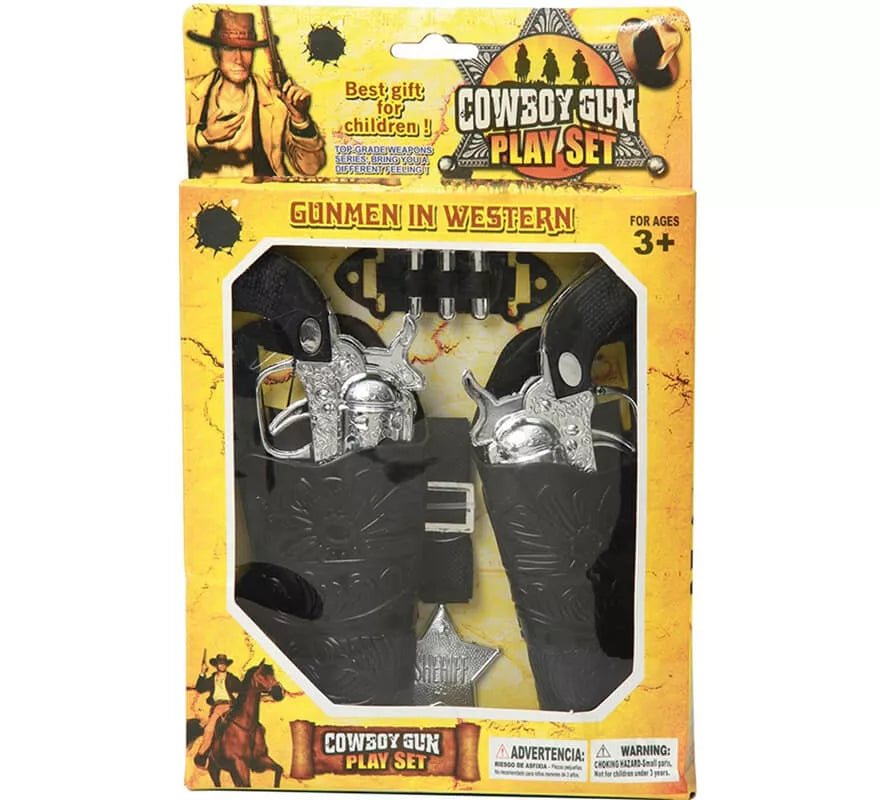 Translation missing: it.Kit de Sheriff: 2 Pistolas plateadas, Cartucheras, Balas y Estrella
