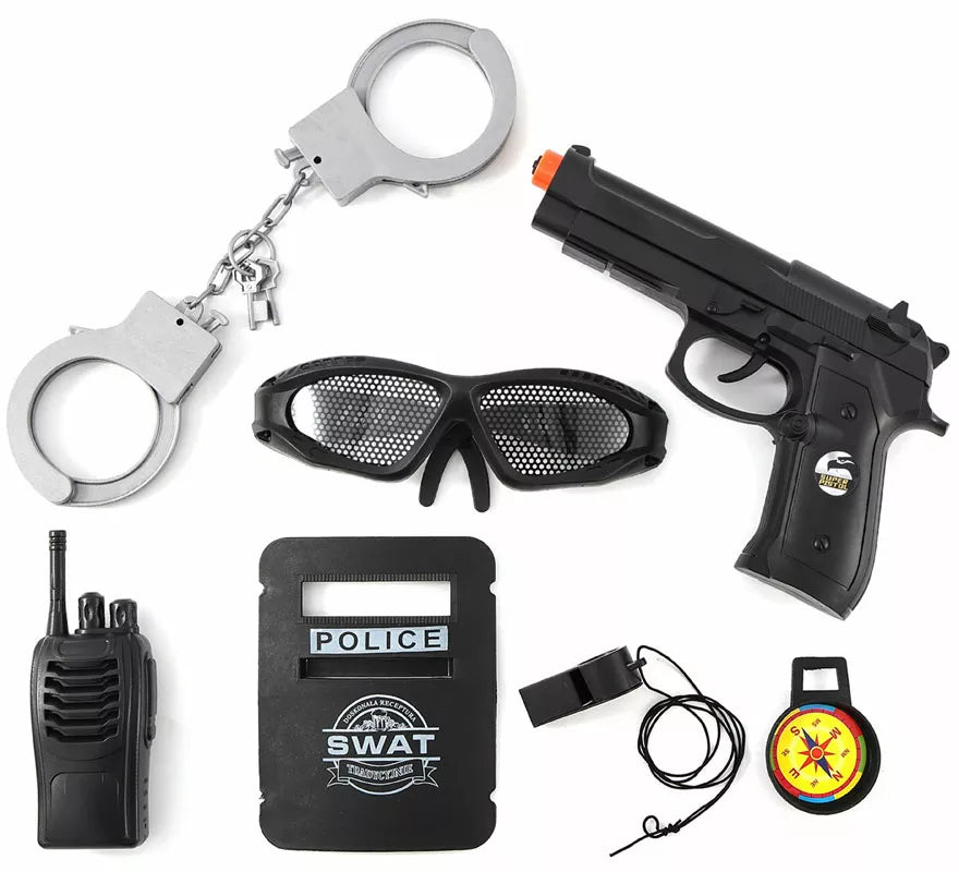 Translation missing: it.Kit de SWAT: Esposas, Placa, Silbato, Walkie, Gafas, Brújula y Pistola de plástico