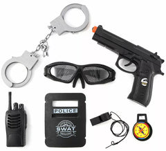 Kit SWAT: manette, distintivo, fischietto, walkie-talkie, occhiali protettivi, bussola e pistola di