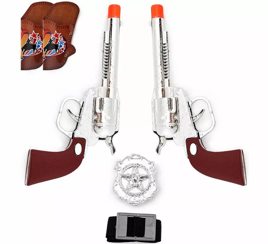 Translation missing: it.Kit de Vaquero: Placa y 2 Revolver con Funda de 9x18 cm de plástico