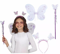 Kit fata farfalla lilla: cerchietto, bacchetta e ali 35x40 cm