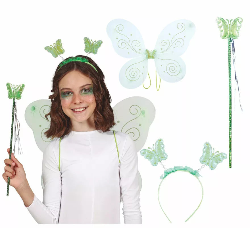 Kit Hada Mariposa Verde: Diadema, Varita y Alas de 35x40 cm