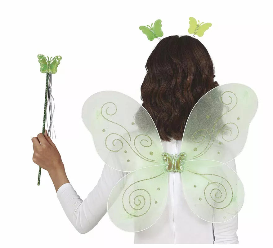 Translation missing: it.Kit Hada Mariposa Verde: Diadema, Varita y Alas de 35x40 cm