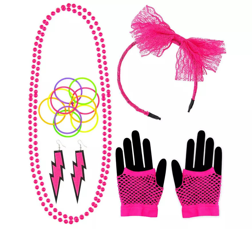 Kit Neón en varios colores Años 80: Diadema, Collar, Pulseras, Pendientes y Guantes