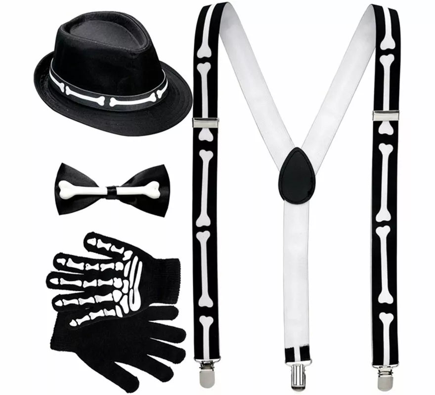 Translation missing: it.Kit o Disfraz de Esqueleto Elegante para hombre: Tirantes, Pajarita, Guantes y Gorro Huesos