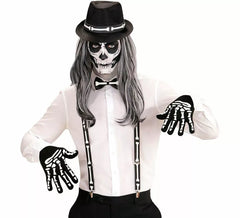 Kit costume da scheletro elegante da uomo: bretelle, papillon, guanti e cappello d'osso