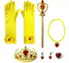 Kit da principessa per bambini in oro: guanti, scettro, collana, corona, orecchini e anello
