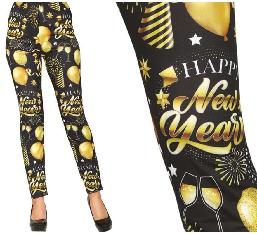 Translation missing: it.Leggings Happy New Year negro y dorado para mujer