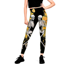 Leggings da donna con motivo floreale e scheletro