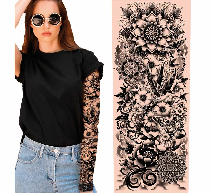 Translation missing: es.Manga de Tatuaje floral blanco y negro adulto