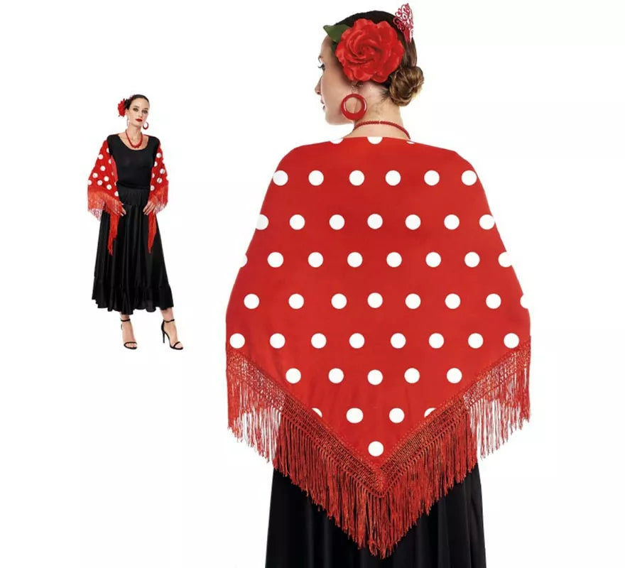 Translation missing: it.Mantón de Sevillana o Chulapa Rojo con Lunares blancos de 150x60 cm