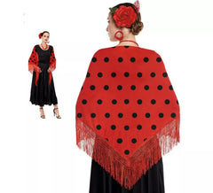 Scialle Sevillana o Chulapa rosso con pois neri, 150x60 cm