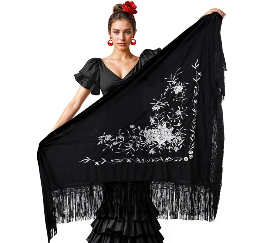 Mantón negro bordado de 200x95 cm en varios colores