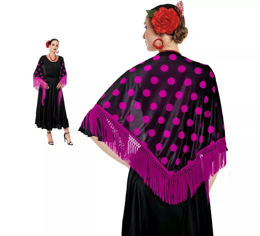 Mantón Sevillana o Chulapa de 150x60 cm negro y lunares en varios colores