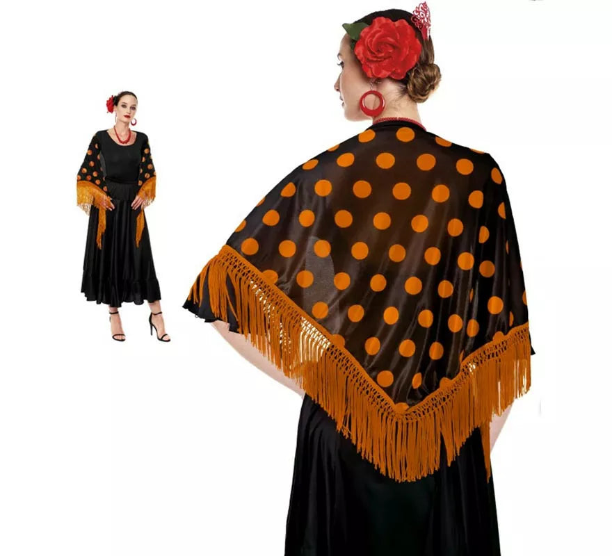 Mantón Sevillana o Chulapa de 150x60 cm negro y lunares en varios colores