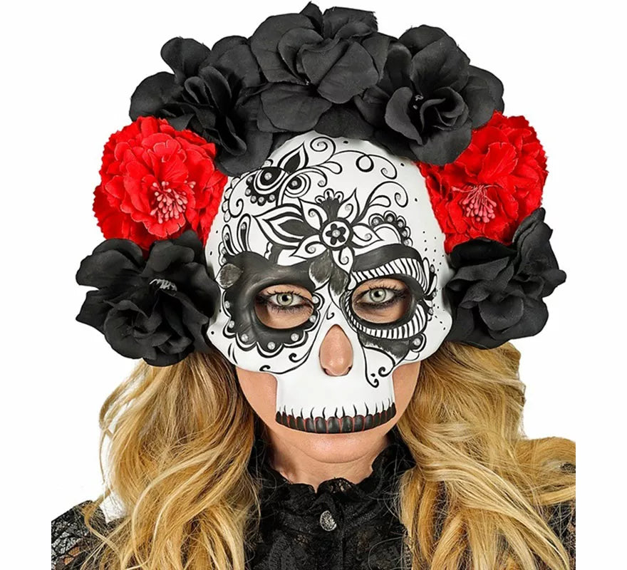 Translation missing: it.Máscara Calavera Día de Los Muertos con Rosas negras y rojas