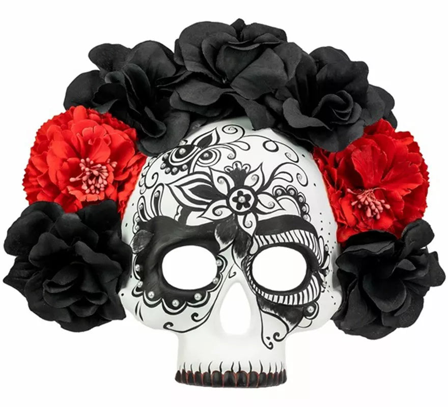 Translation missing: it.Máscara Calavera Día de Los Muertos con Rosas negras y rojas
