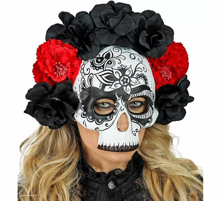 Translation missing: it.Máscara Calavera Día de Los Muertos con Rosas negras y rojas