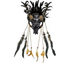 Maschera da sciamano con teschio nero e piume