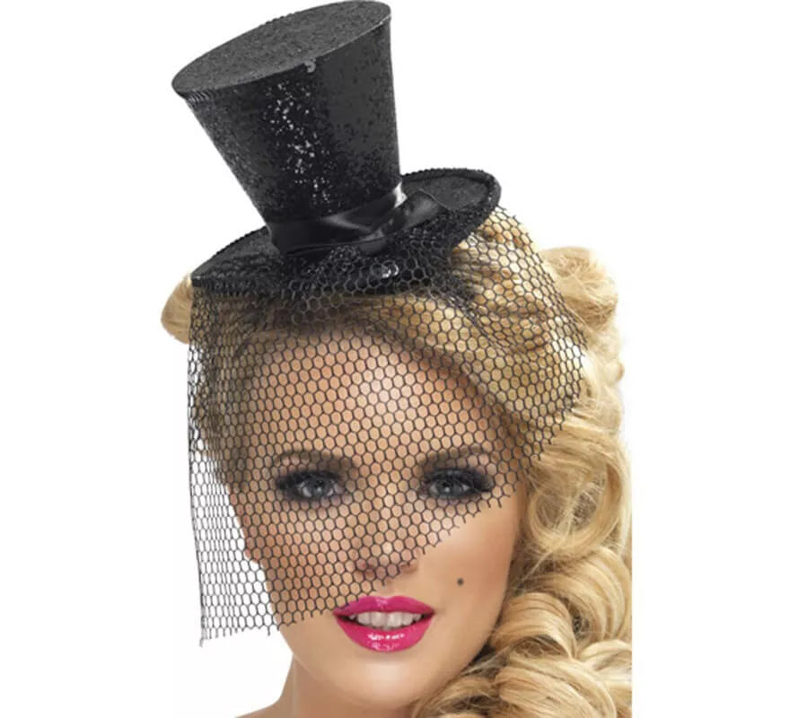 Translation missing: it.Mini Sombrero de Copa Burlesque Negro con Velo para Mujer