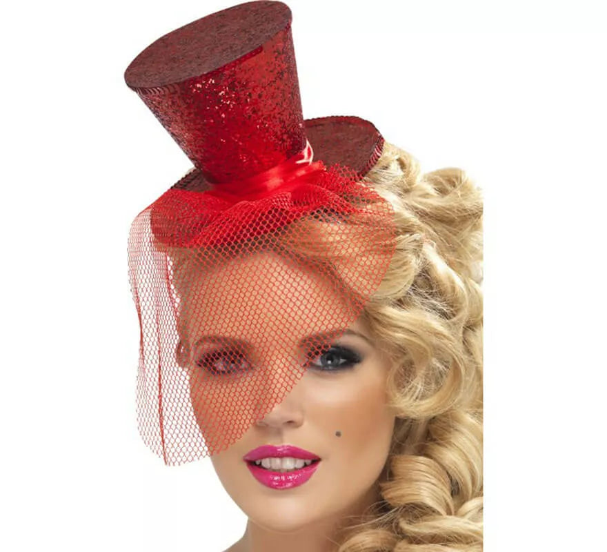 Translation missing: it.Mini Sombrero de Copa Burlesque Rojo con Velo para Mujer