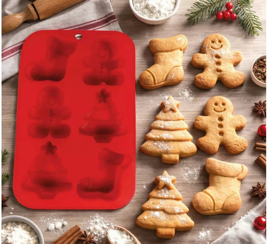 Translation missing: it.Molde de Silicona rojo para 6 Galletas Navideñas de 16x25 cm