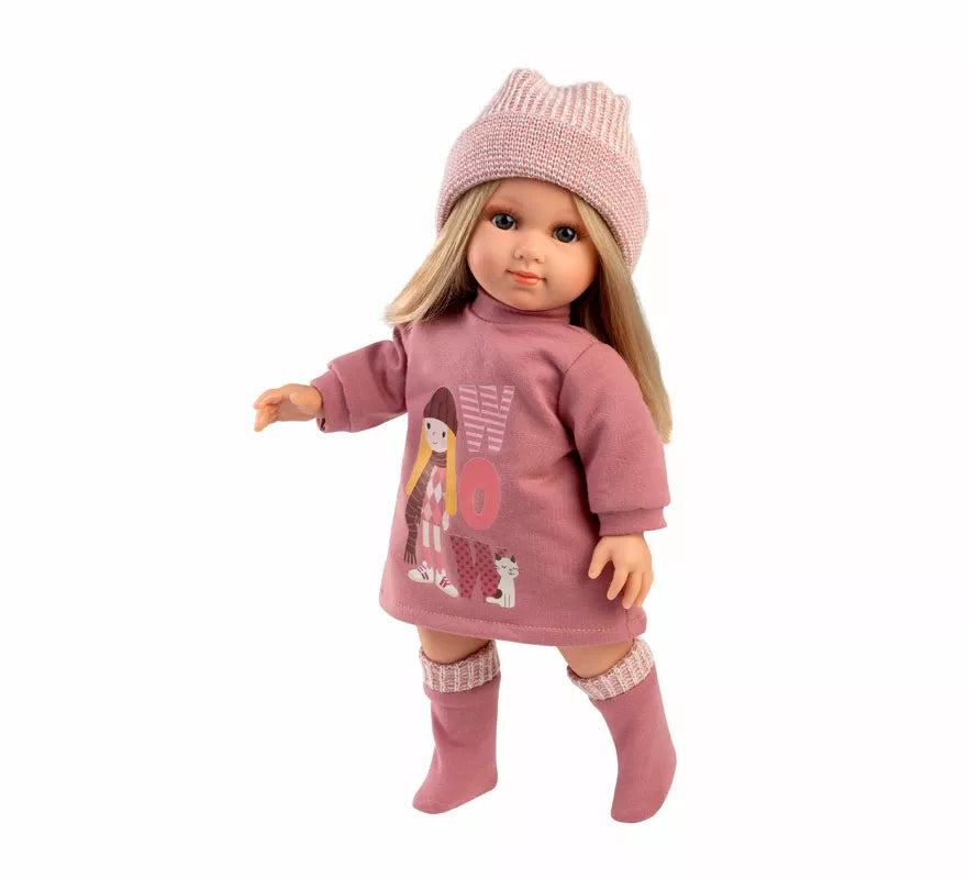 Muñeca Elena de 35 cm con Vestido y Gorro de Punto