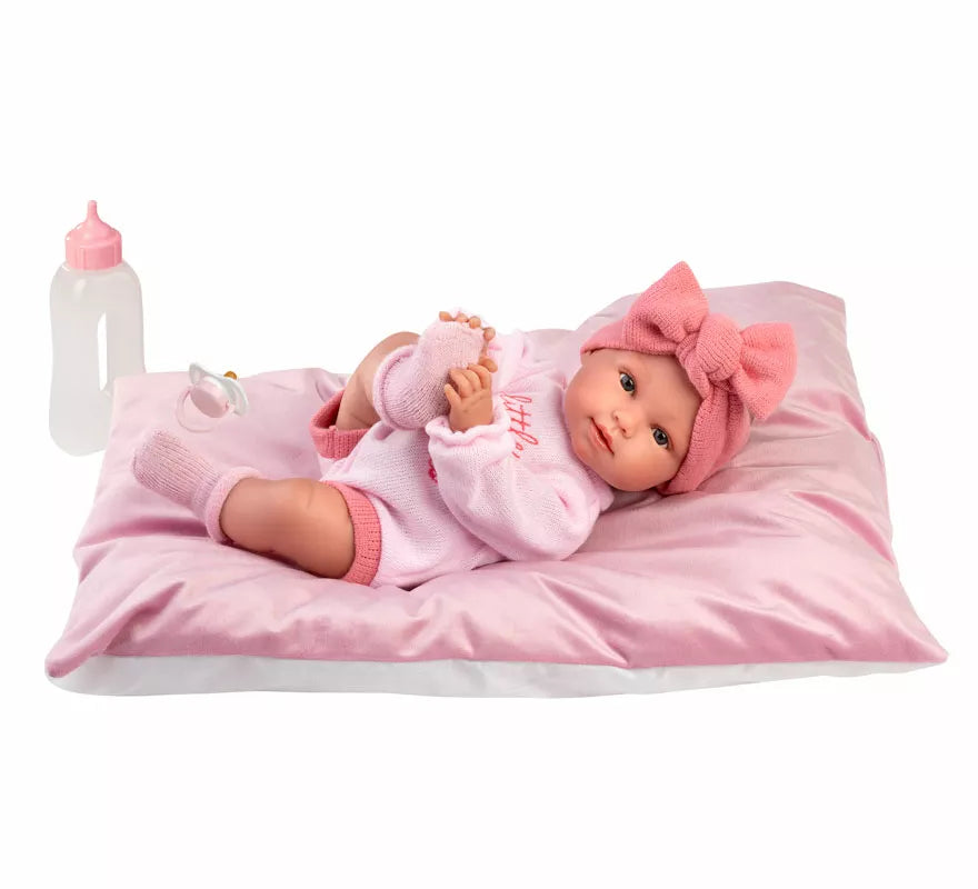 Muñeca Olivia Llorona de 38 cm con Cojín, Biberón y Chupete