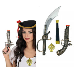 Pacchetto armi pirata: spada, pistola, cannocchiale e medaglia di plastica