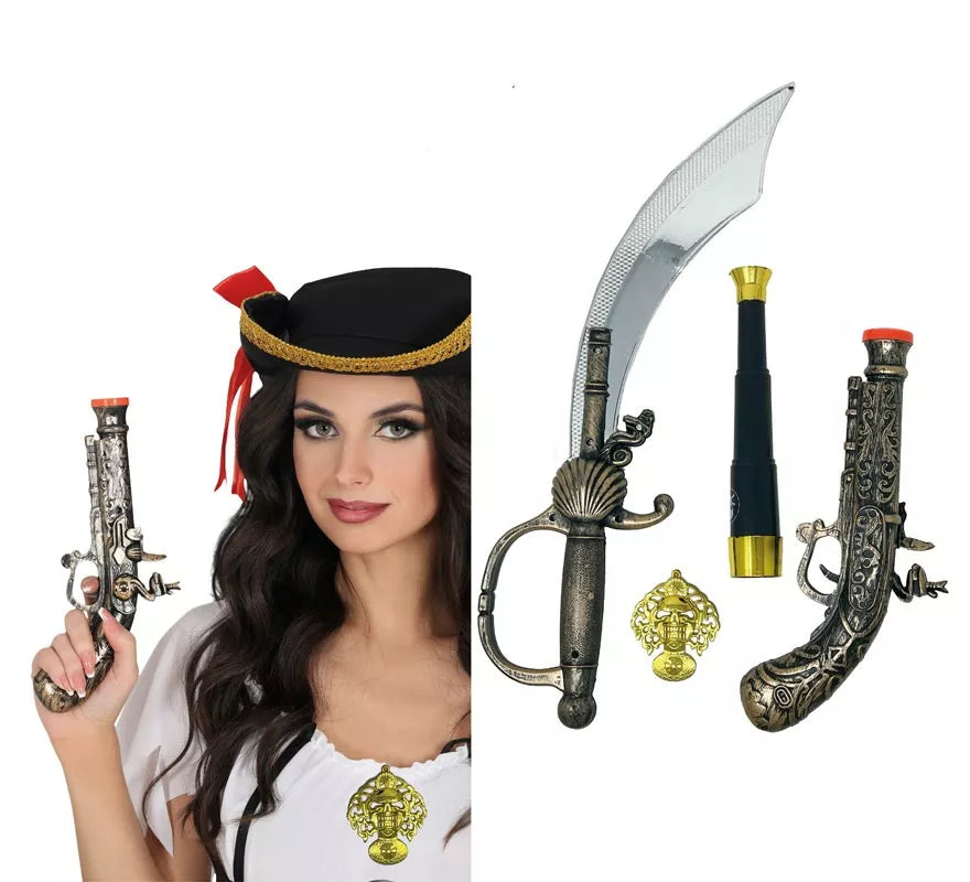 Translation missing: es.Pack Armas Pirata: Espada, Pistola, Catalejo y Medalla de Plástico