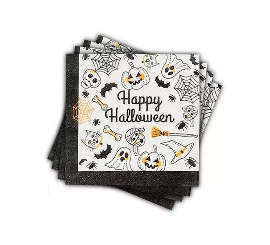 Translation missing: it.Pack de 12 Servilletas Happy Halloween Print blanco y negro de 33x33 cm