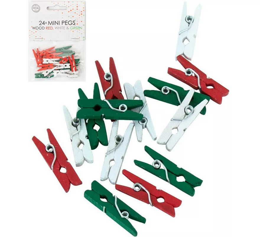 Translation missing: it.Pack de 24 Mini pinzas en Rojo, Blanco y Verde de madera
