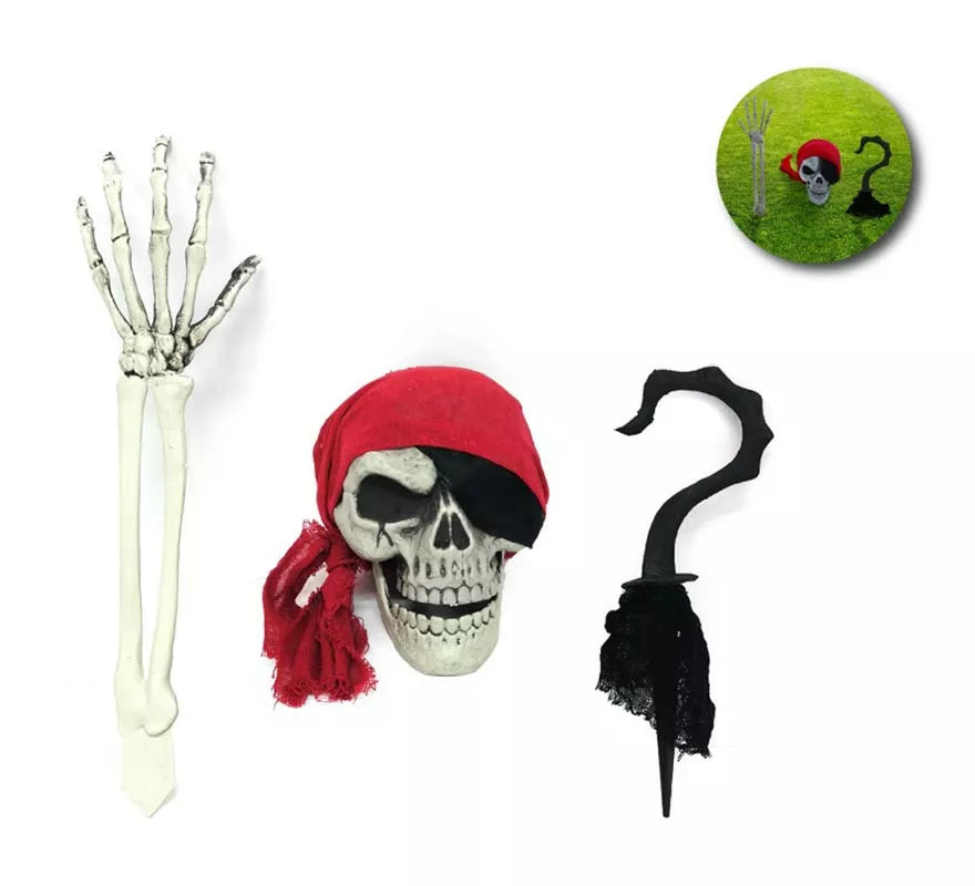 Translation missing: it.Pack de 3 piezas decorativas: Calavera, brazo esqueleto y garfio de 40 cm