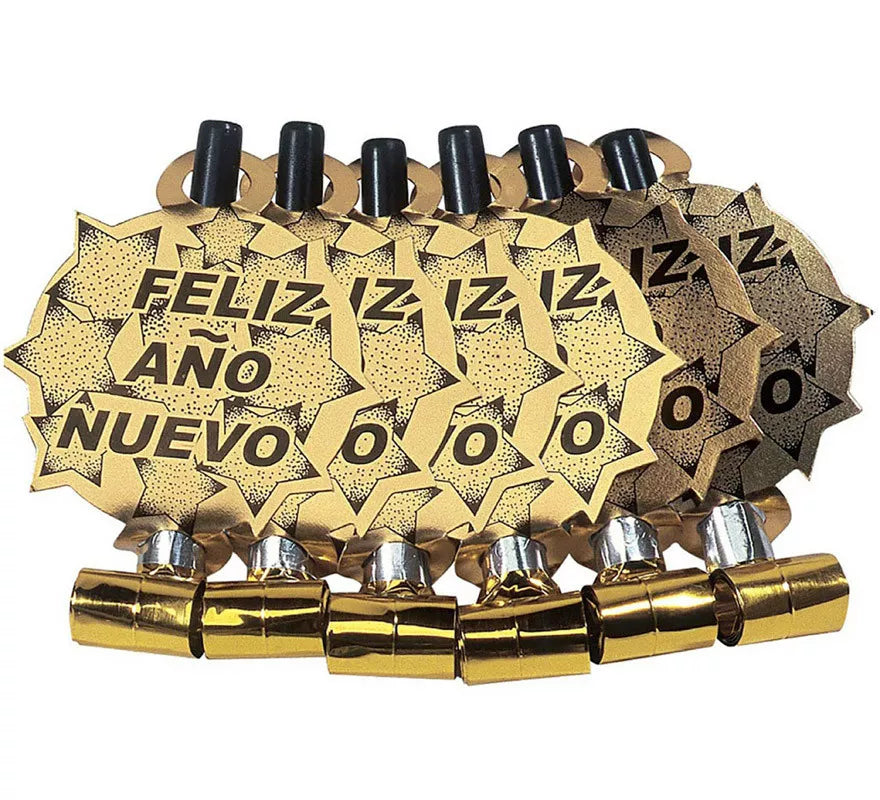 Translation missing: it.Pack de 6 Matasuegras Doradas 'Feliz Año Nuevo' para Nochevieja