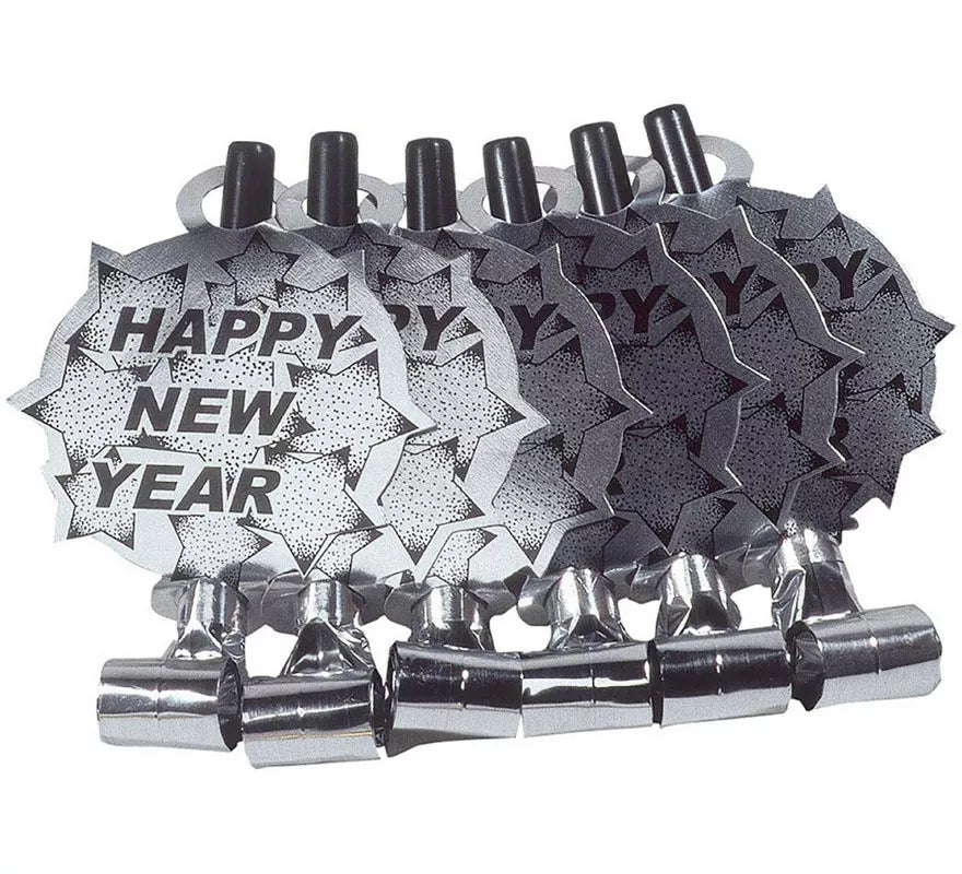 Translation missing: it.Pack de 6 Matasuegras Plateadas 'Happy New Year' para Nochevieja